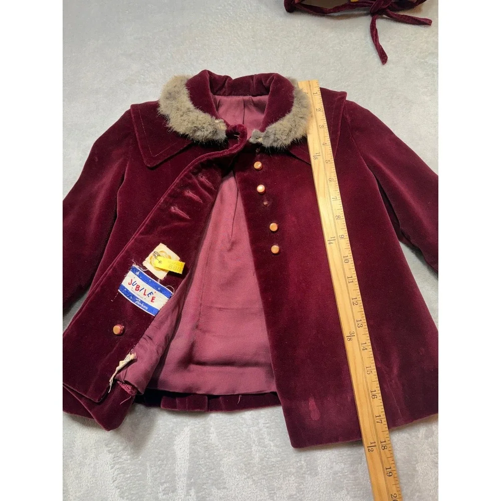 Vintage 1950s Burgundy Velvet Kids 3pc Snowsuit Set Coat Pants‎ Bonnet Fur Trim